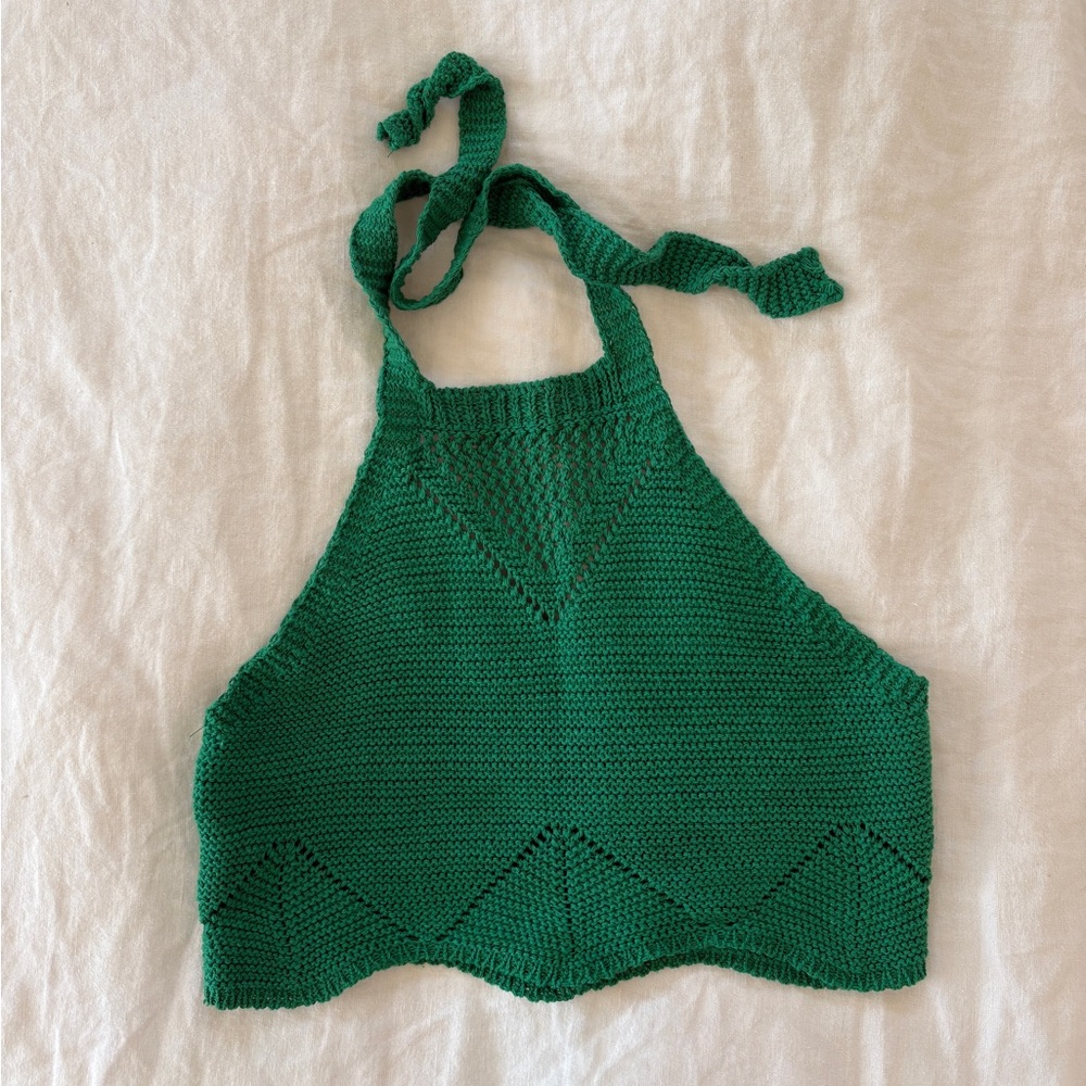 Green Knit Cropped Halter Top